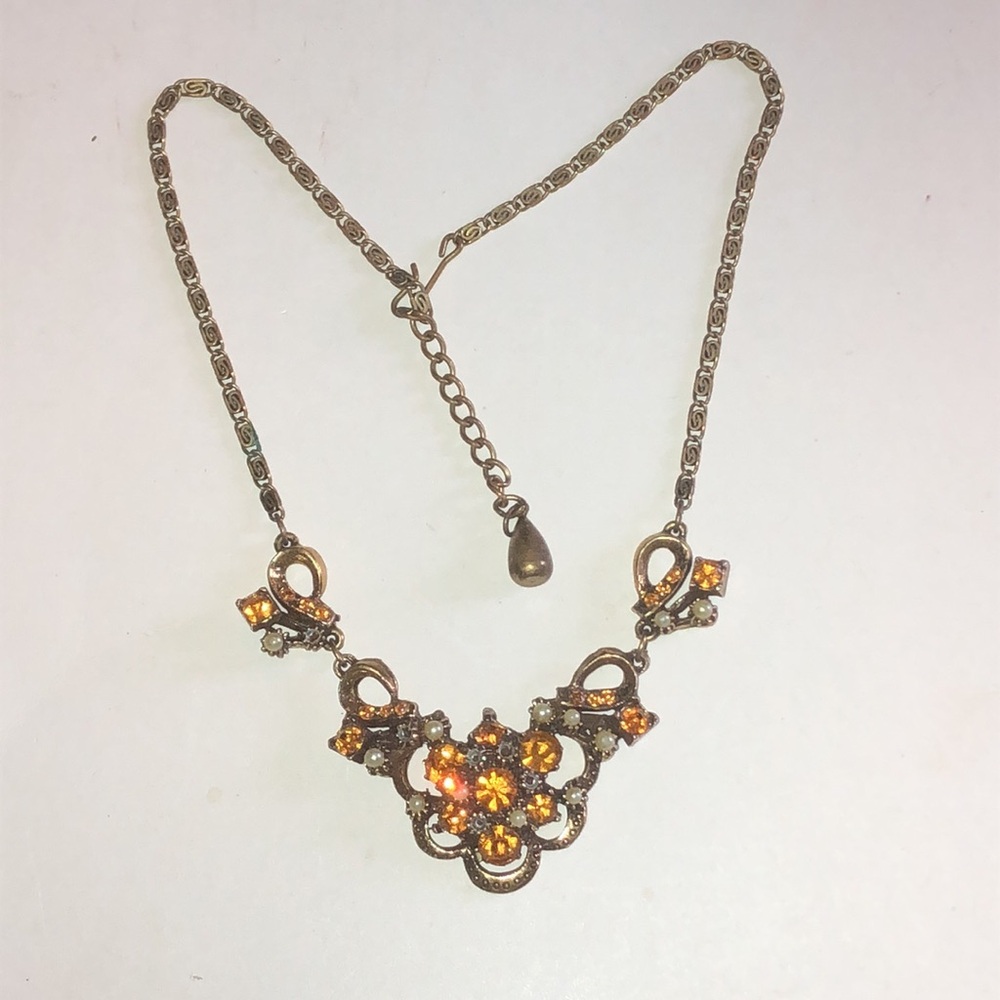 Vintage Amber Color Crystal Floral Pendant Statement Necklace